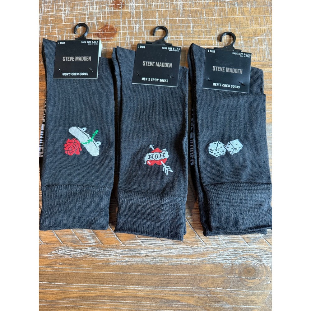 NWT Steve Madden Mens Crew Socks 3 LOT Black Dice Mom Skateboard 6-12.5 Novelty